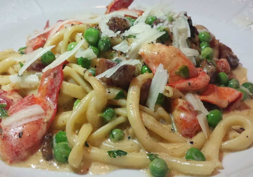 lupo 9 bucatini with lobster, peas, pancetta, mascar creamcrenh